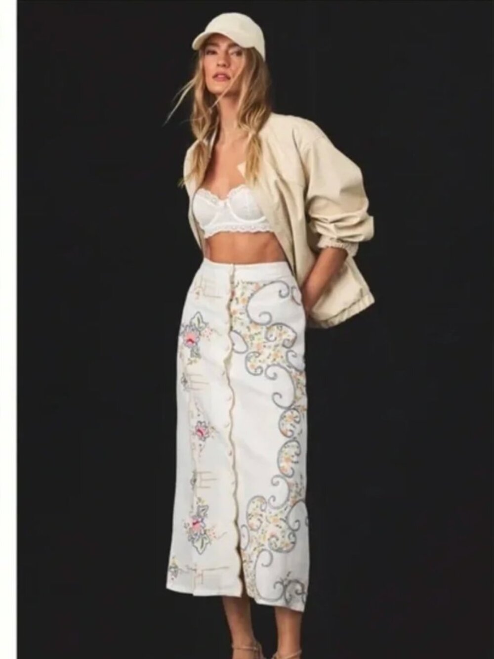Anthropologie White Scalloped Embroidered Midi Skirt - Picture 2 of 6